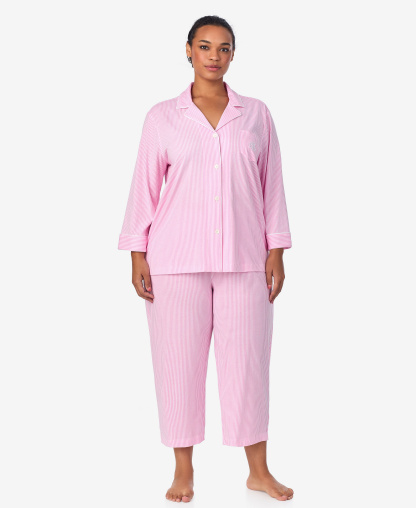 Lauren Ralph Lauren Womens 3/4 Sleeve Cotton Notch Collar Capri Pant Pajama Set - Pkwts