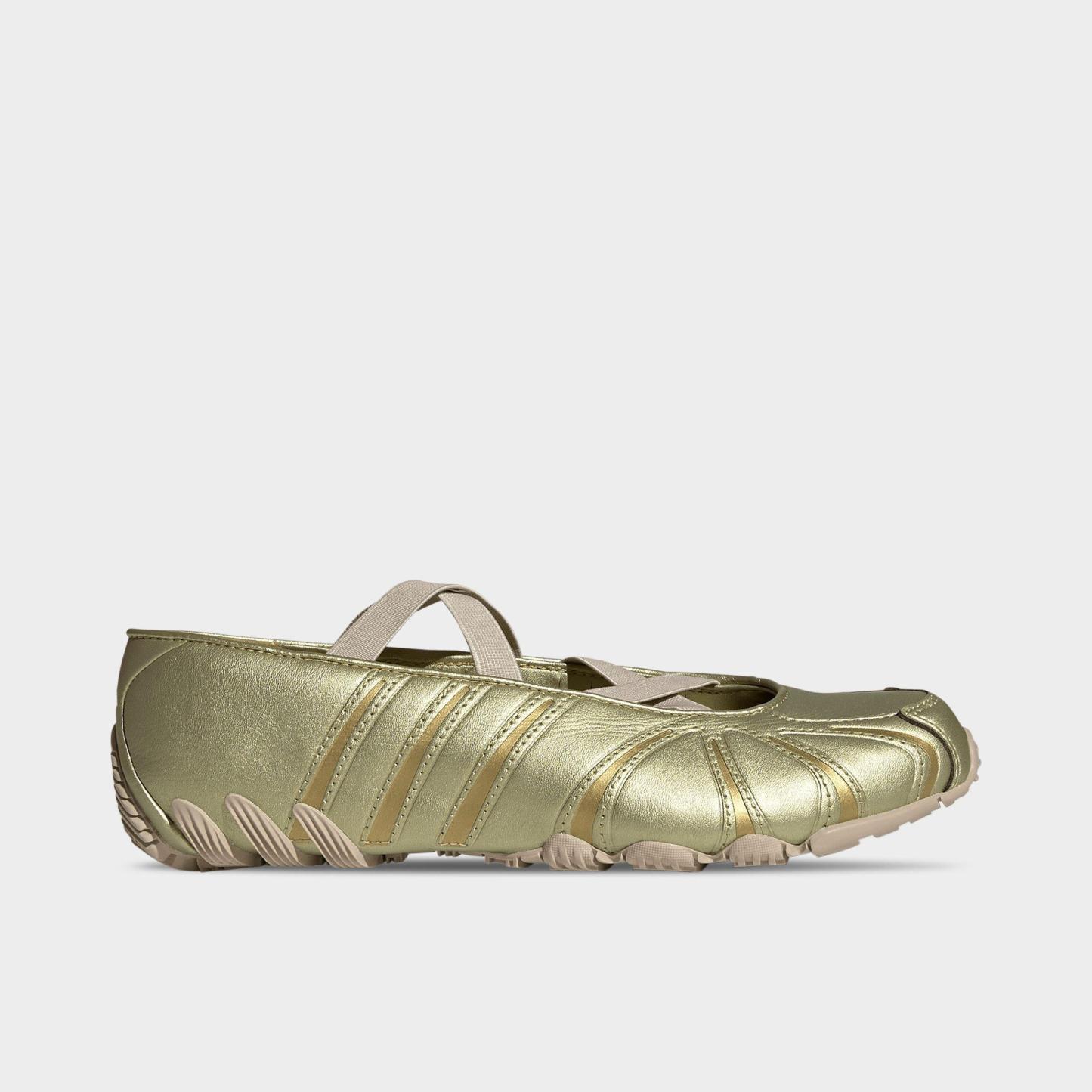 Women's adidas Originals Ghost Sprint Ballet Shoes - Gold Metallic/Gold Metallic/Crystal Linen - Left shoe facing left. Outside of the shoe.