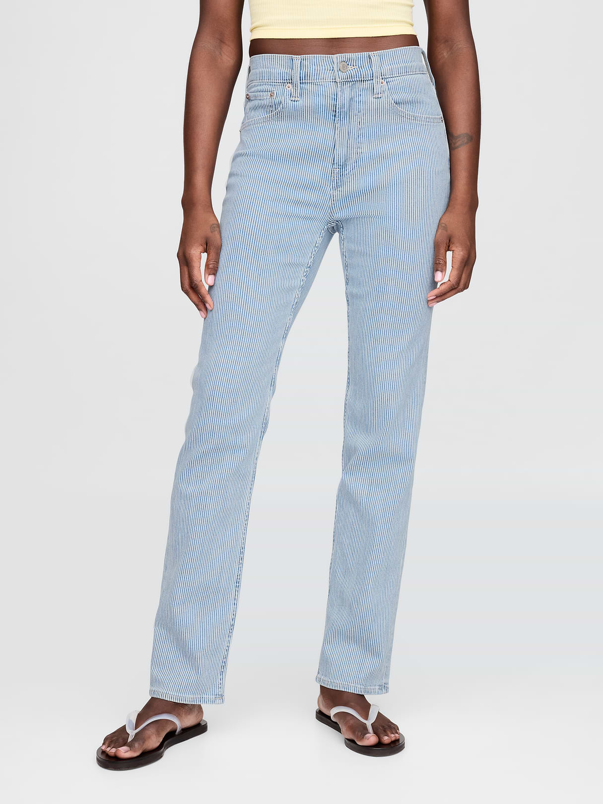 High Rise Twisted-Seam '90s Slim Straight Jeans - Blue railroad stripe