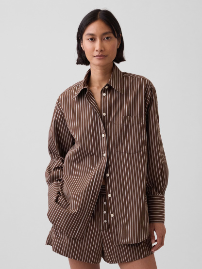 Organic Cotton Poplin Stripe Big Shirt - Brown & off white stripe