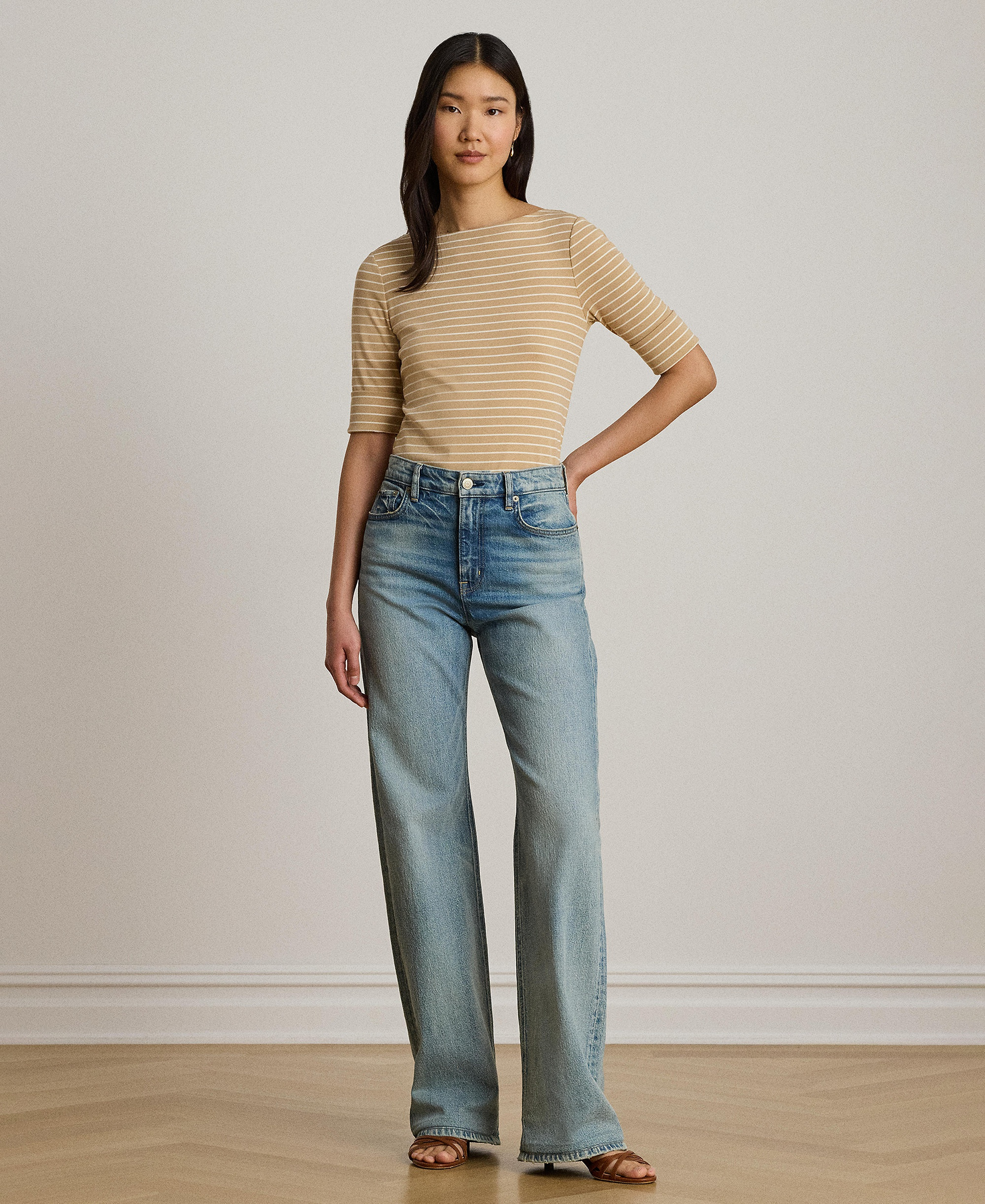 Lauren Ralph Lauren Women's Striped Boat Neck Top - Birch Tan/mascarpone Cream