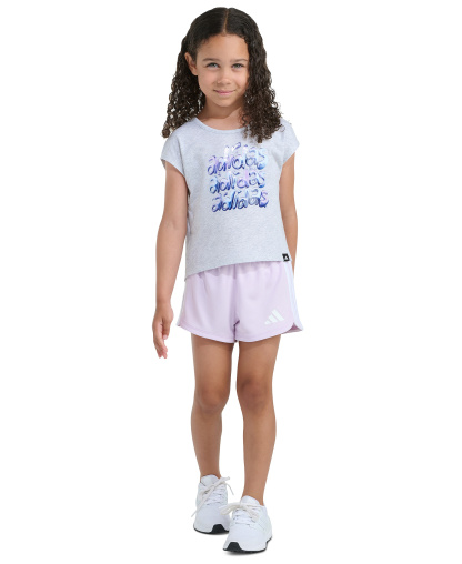 adidas Girls' 2T-6X Short-Sleeve Back Pleated Heather T-Shirt and Mesh Shorts, 2-Piece Set - Light Gray/Pink