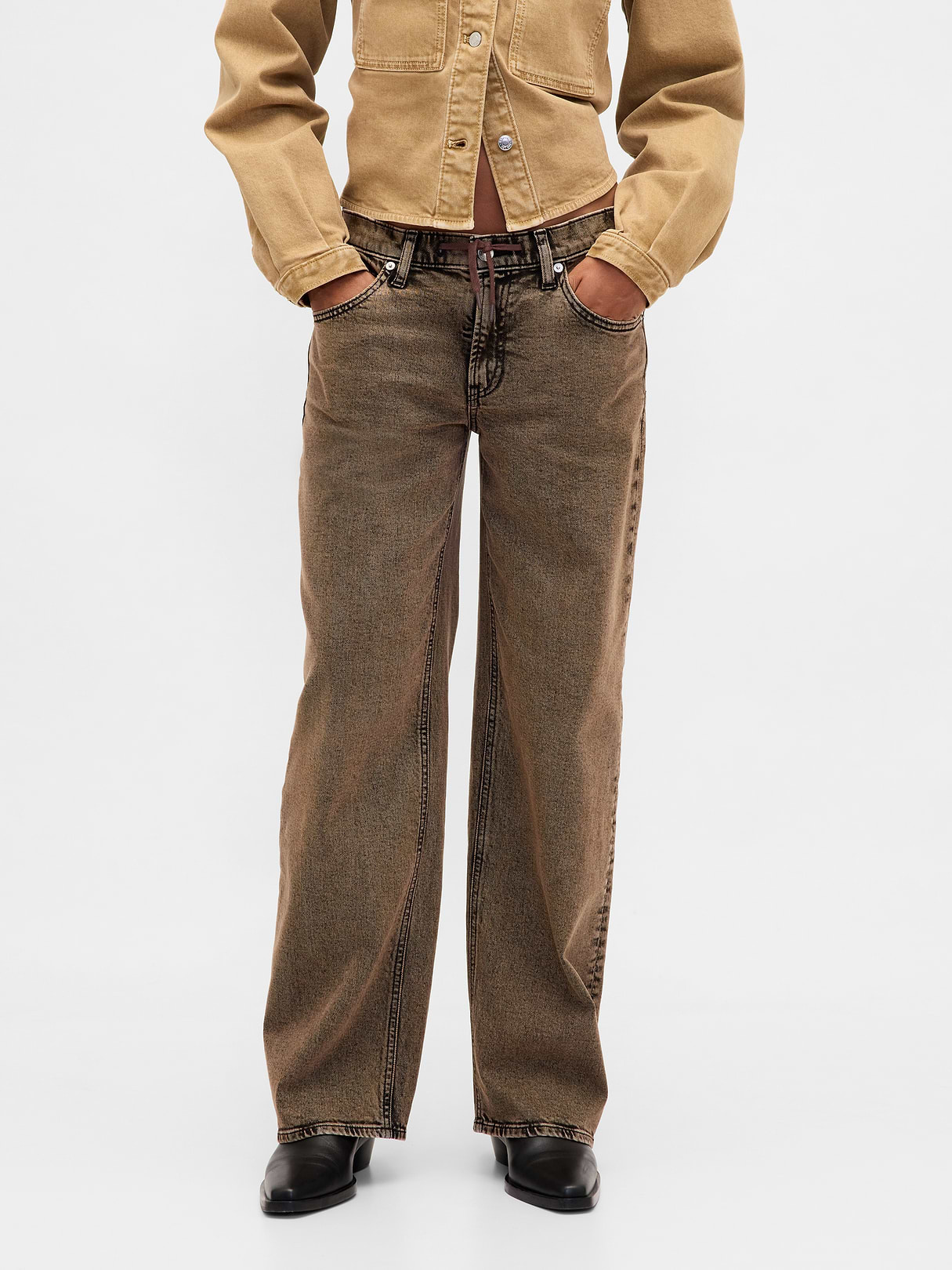 Low Rise Lace-Up '90s Loose Jeans - Brown acid wash