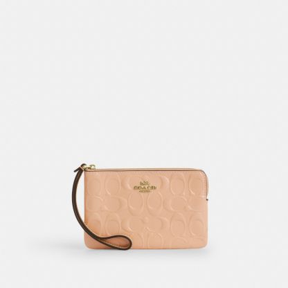 Corner Zip Wristlet In Signature Leather With Charm - Gold/Faded Blush