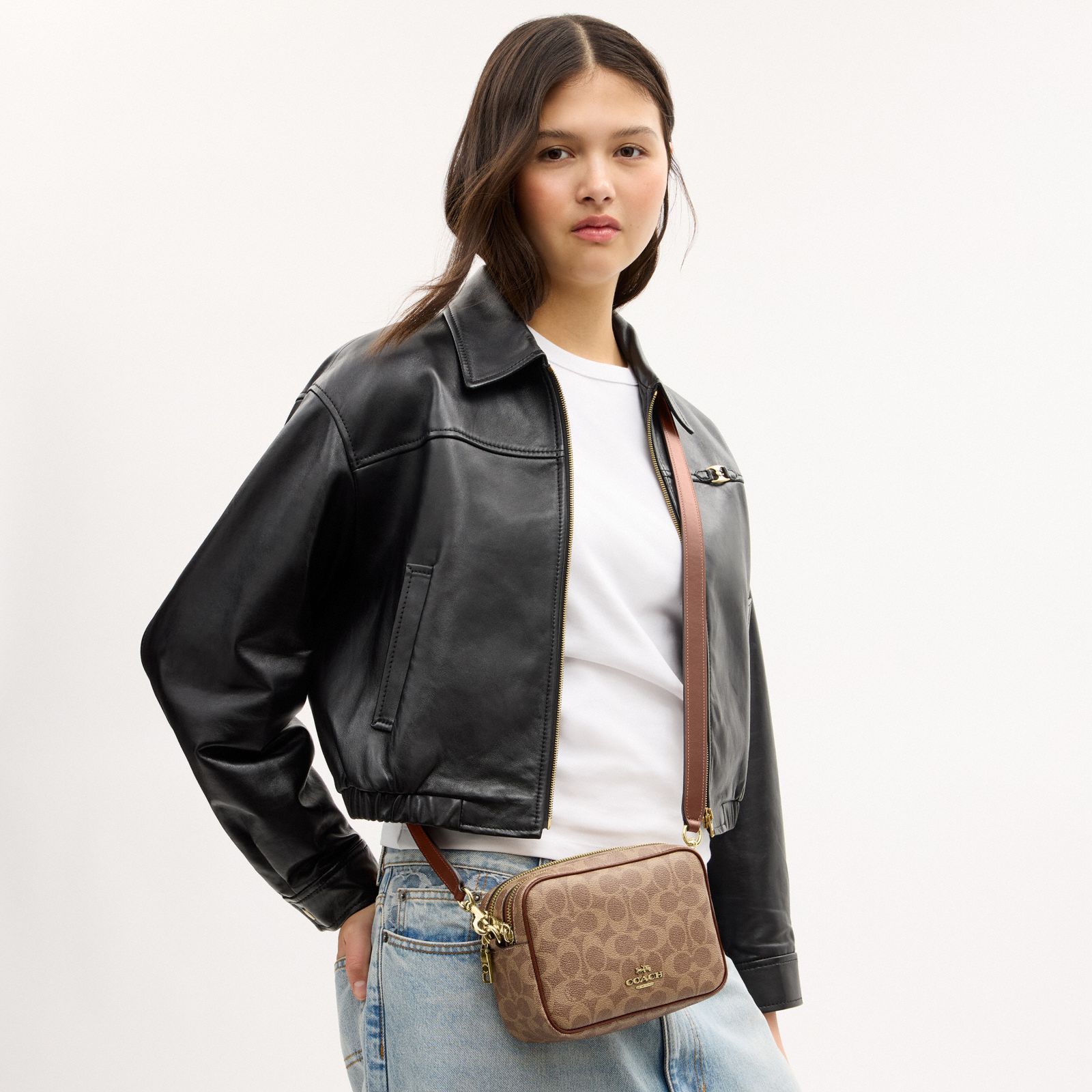 Mini Carey Crossbody Bag In Signature Canvas - Gold/Tan/Brown - view 10
