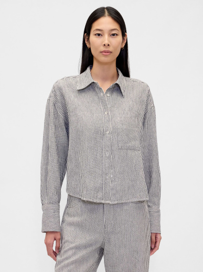 Linen-Cotton Oversized Shirt - Blue stripe