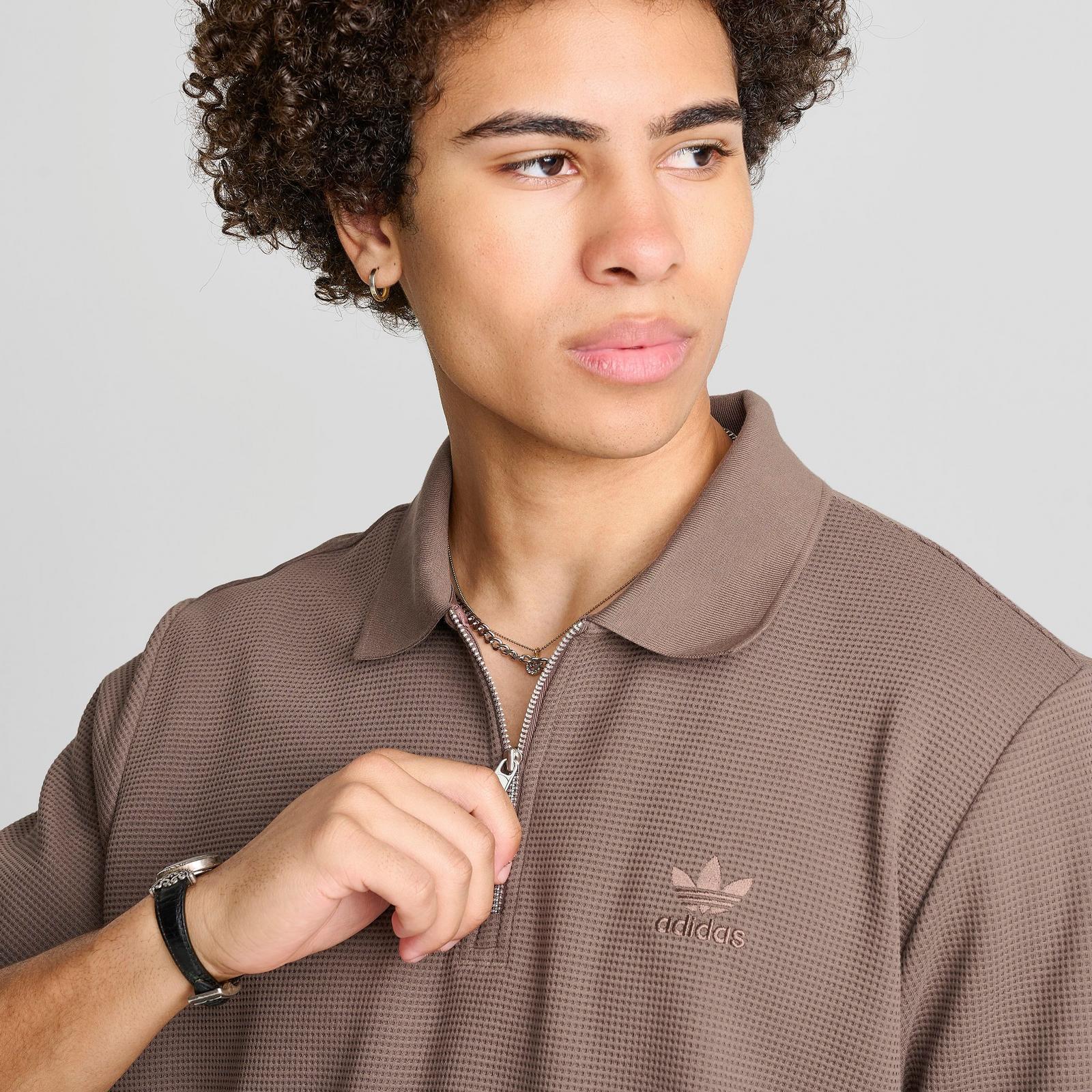 Men's adidas Originals Trefoil Essentials Waffle Polo Shirt - Earth Strata - view 5