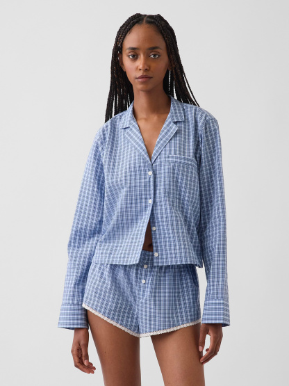 Poplin Oversized Crop PJ Shirt - Blue plaid