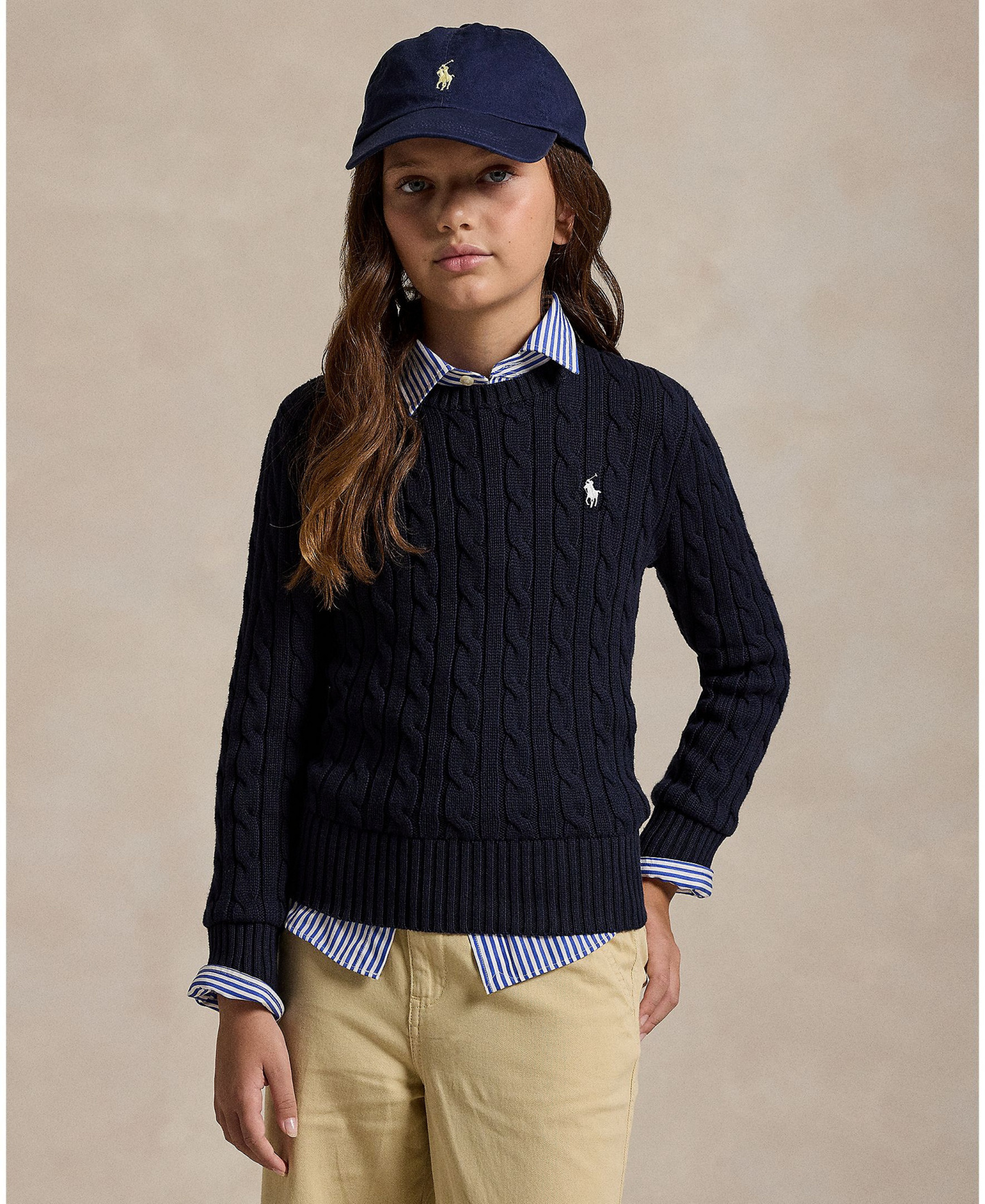 Polo Ralph Lauren Girls' 7-16 Cable-Knit Long Sleeves Sweater - Navy