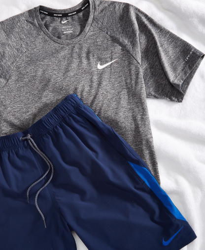 Nike Men's Hydroguard Dri-FIT Stretch UPF 40+ Heather Rash Guard & Contend Water-Repellent Colorblocked 9" Swim Trunks - MIDNIGHT NAVY