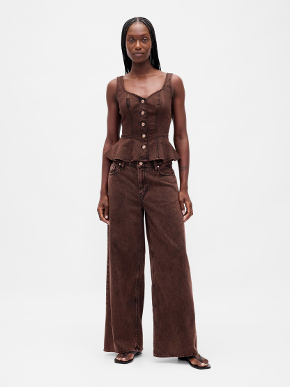 Mid Rise Denim Stripe Baggy Jeans - Dark brown