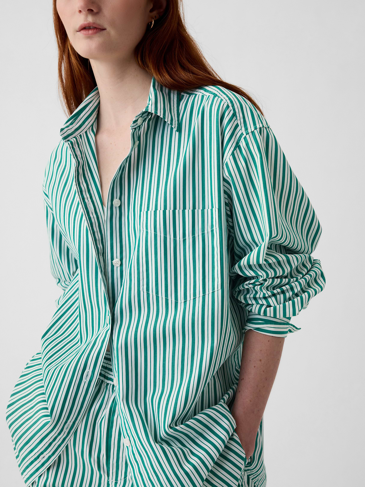 Organic Cotton Poplin Stripe Big Shirt - white & green stripe