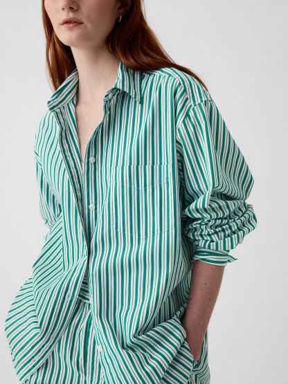 Organic Cotton Poplin Stripe Big Shirt - white & green stripe
