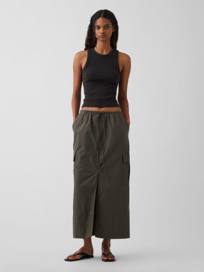 Poplin Easy Cargo Maxi Skirt - Bamboo green