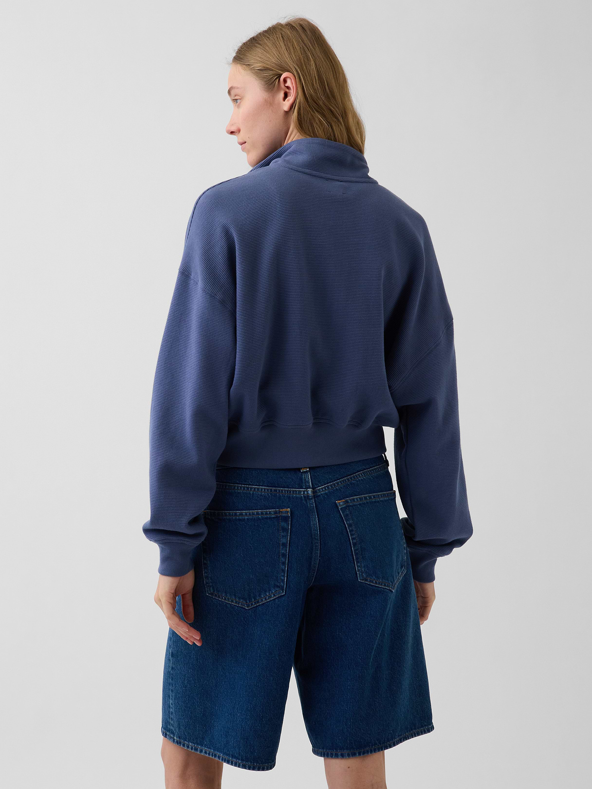 Textured Cotton Oversized Half-Zip Pullover - Blue