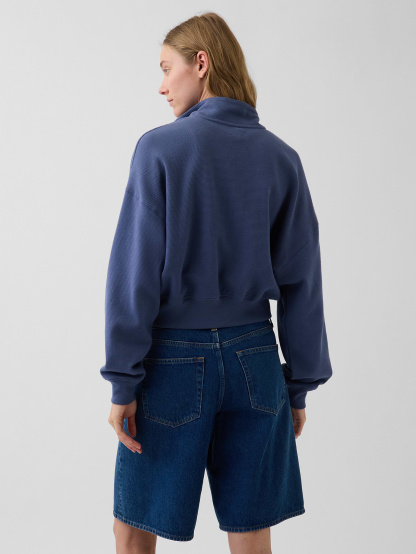 Textured Cotton Oversized Half-Zip Pullover - Blue