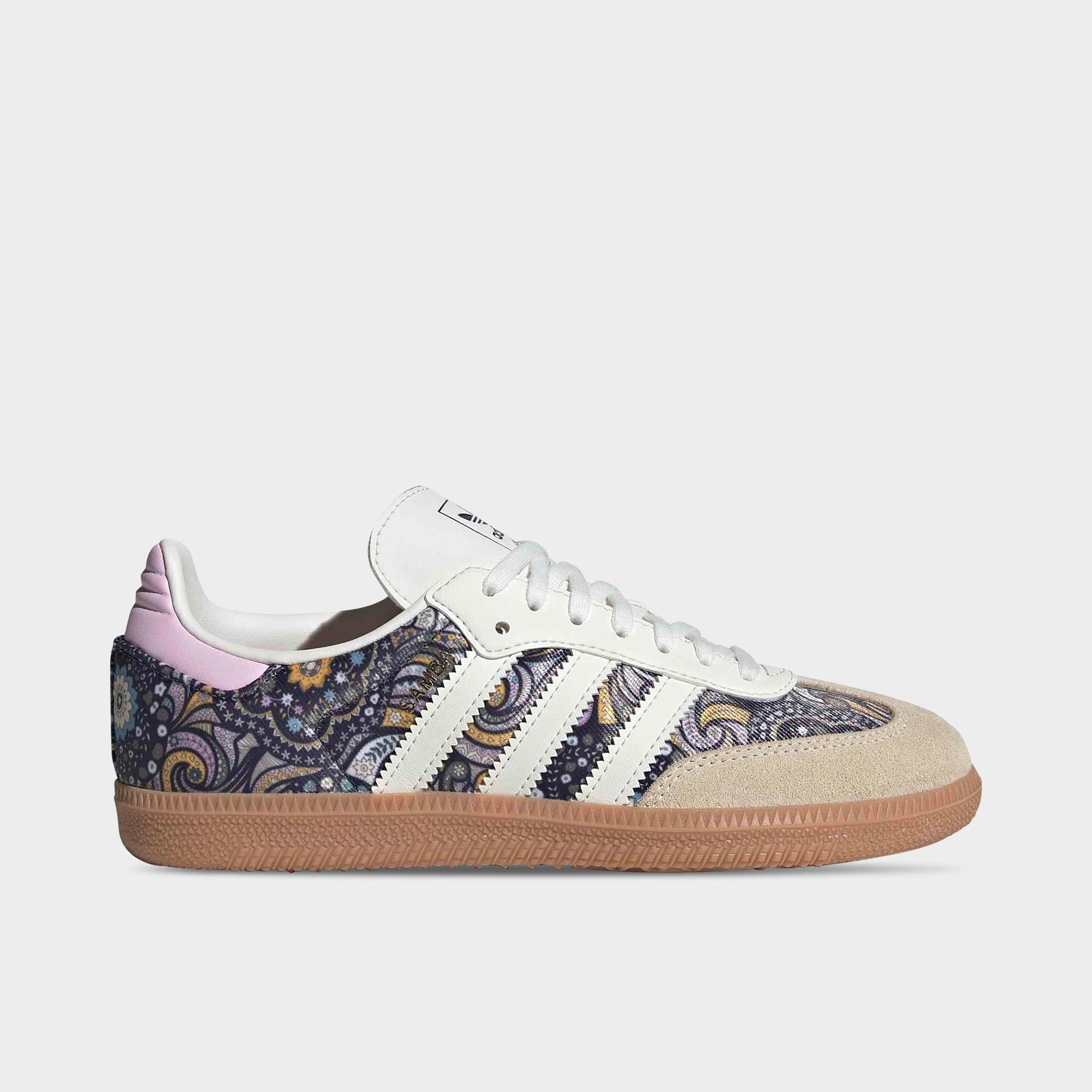 Big Kids' adidas Originals Samba OG Casual Shoes - Part 1 - Core White/Orchid Fusion/Gum - Left shoe facing left. Outside of the shoe.
