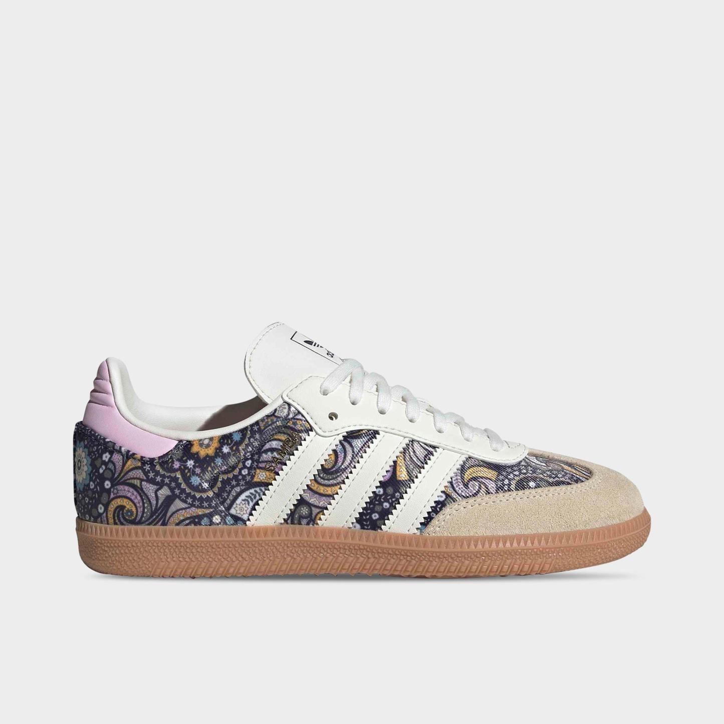 Big Kids' adidas Originals Samba OG Casual Shoes - Part 1 - Core White/Orchid Fusion/Gum - Left shoe facing left. Outside of the shoe.