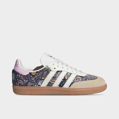 Big Kids' adidas Originals Samba OG Casual Shoes - Part 1 - Core White/Orchid Fusion/Gum - Left shoe facing left. Outside of the shoe.