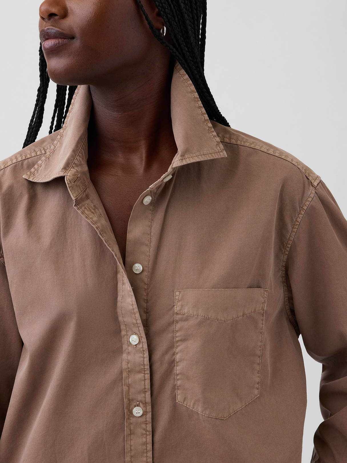 Organic Cotton Poplin Stripe Big Shirt - Amber wood brown