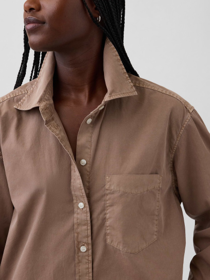 Organic Cotton Poplin Stripe Big Shirt - Amber wood brown