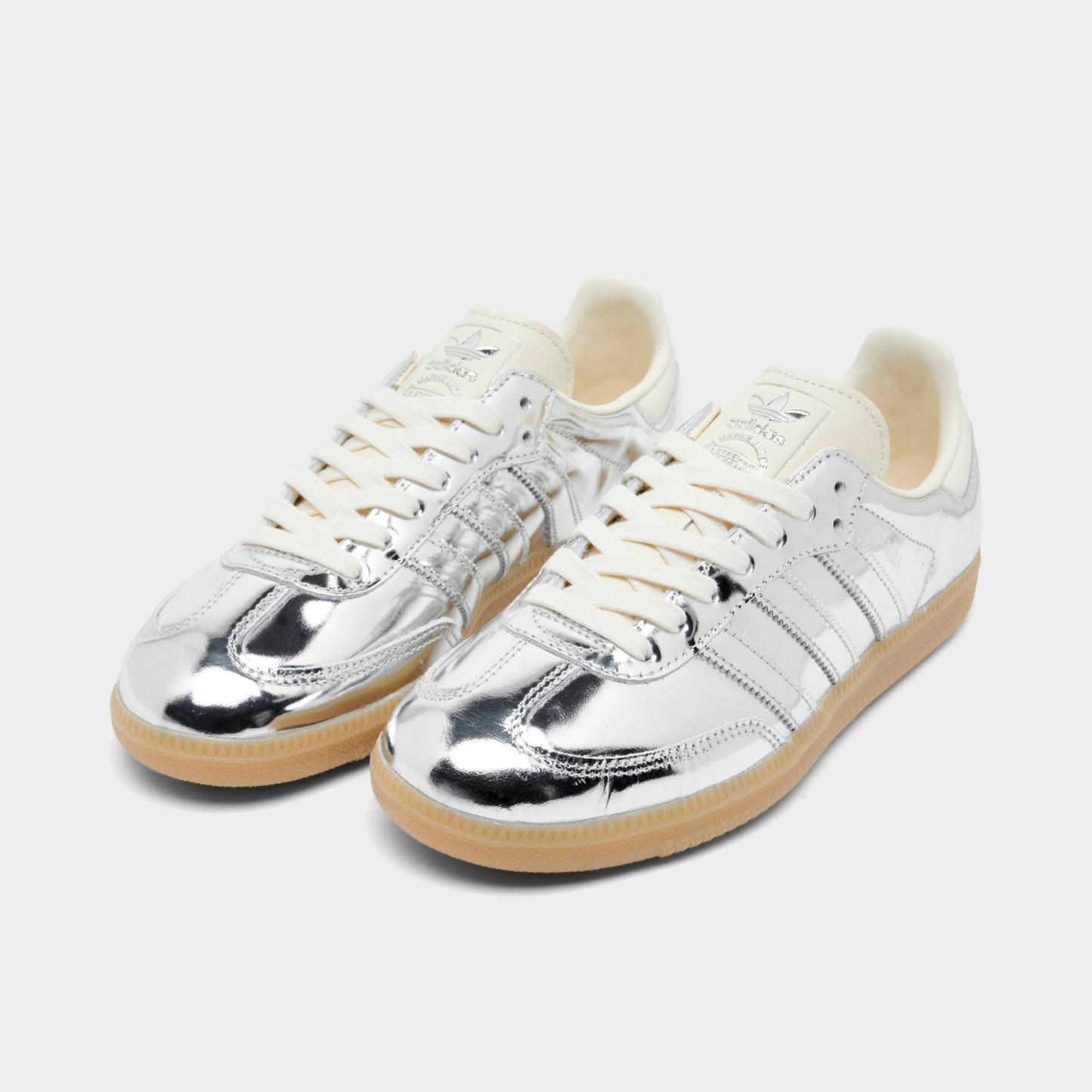 Women's adidas Originals Samba OG Casual Shoes - Part 5 - Silver Metallic/Silver Metallic/Gum - Both shoes facing left