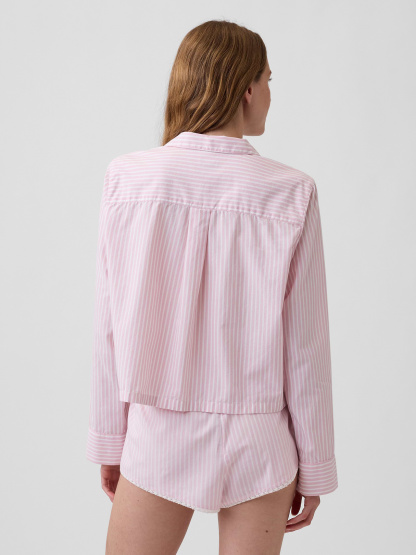 Poplin Oversized Crop PJ Shirt - Pink stripe