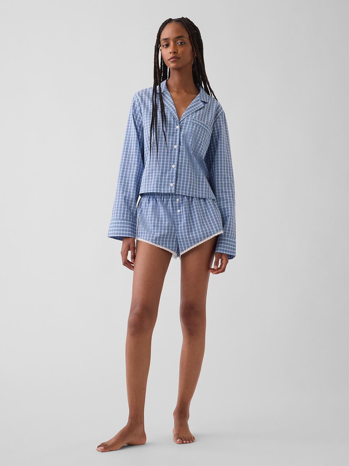 Poplin Oversized Crop PJ Shirt - Blue plaid