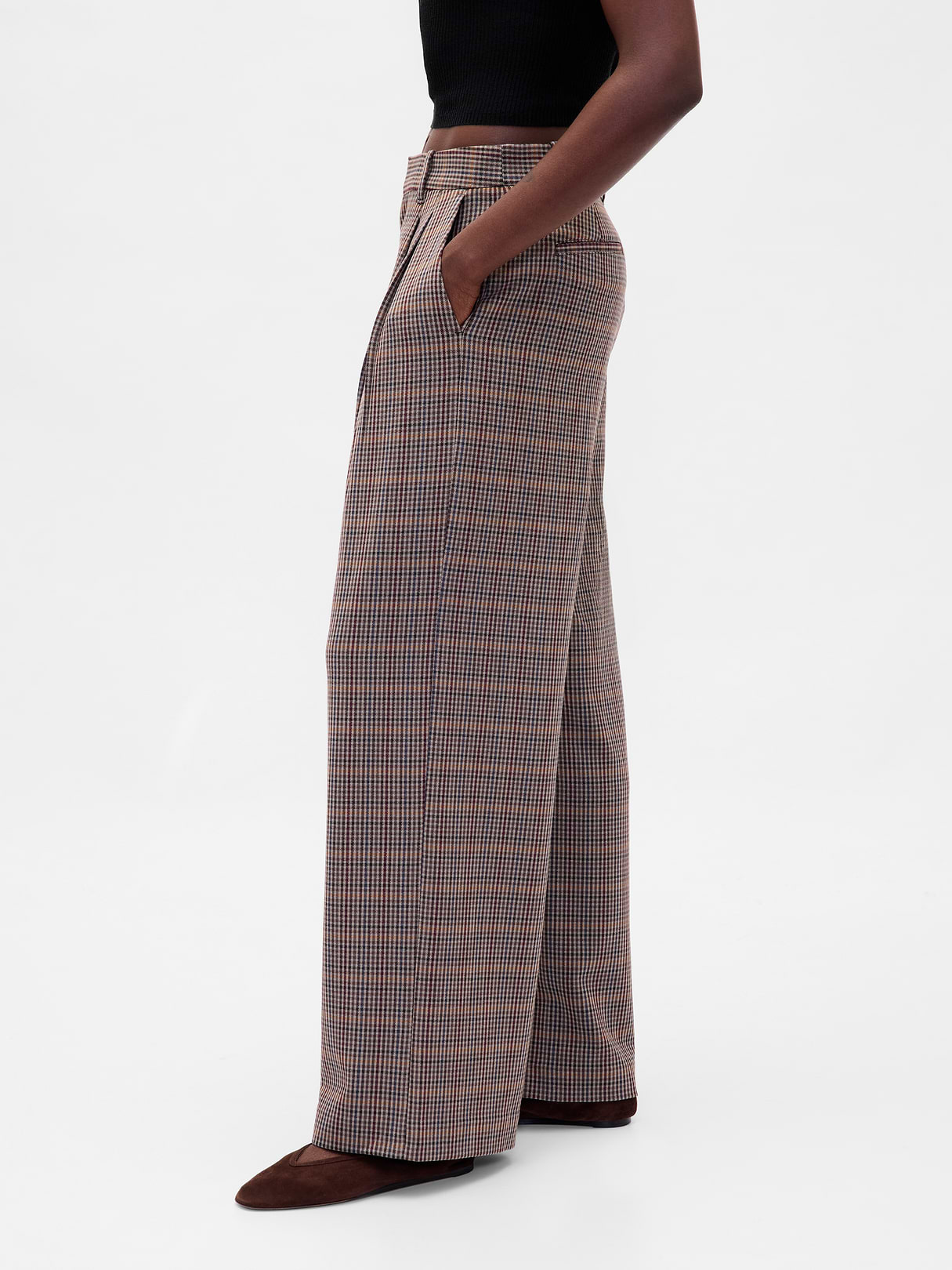 365 High Rise Pleated Trousers - Tonal brown plaid