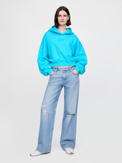 VintageSoft Crop Logo Hoodie - True cyan blue