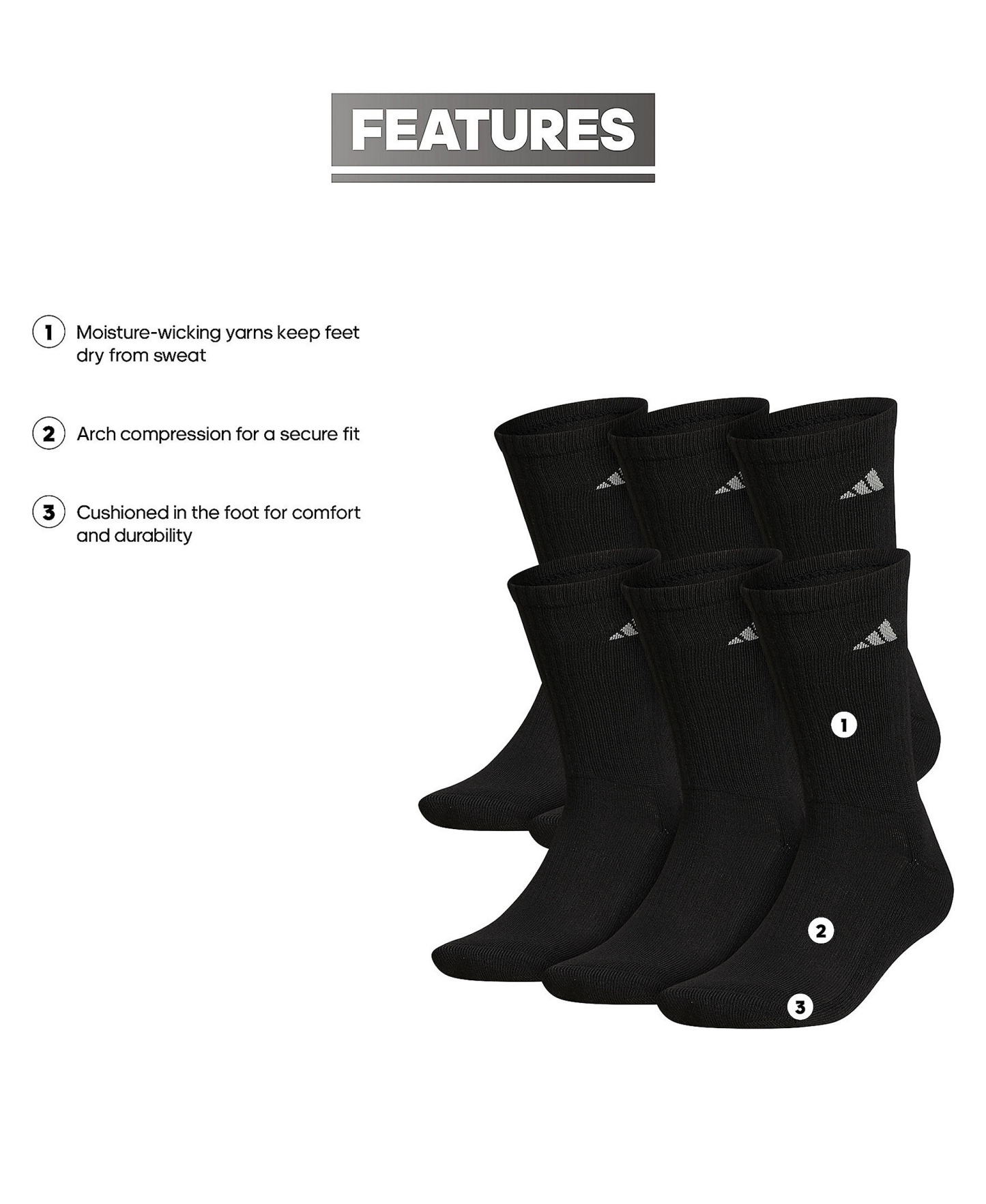 adidas Men's Cushioned Athletic 6-Pack Crew Socks - Black