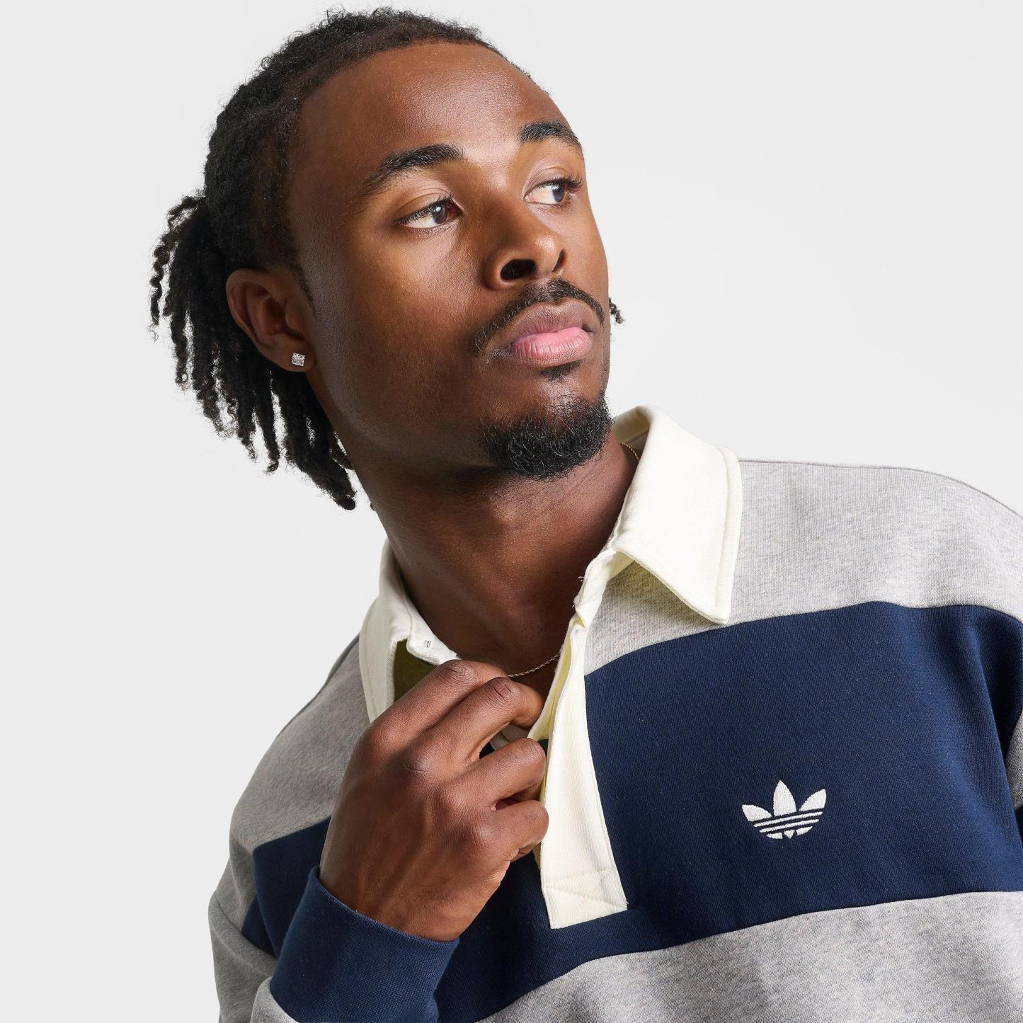 Men's adidas Originals Panel Cut Striped Rugby Shirt - Medium Grey Heather/Collegiate Navy