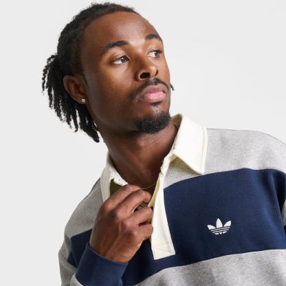 Men's adidas Originals Panel Cut Striped Rugby Shirt - Medium Grey Heather/Collegiate Navy