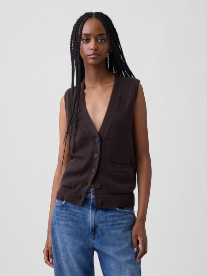 100% Cotton Pocket Sweater Vest - Terra brown