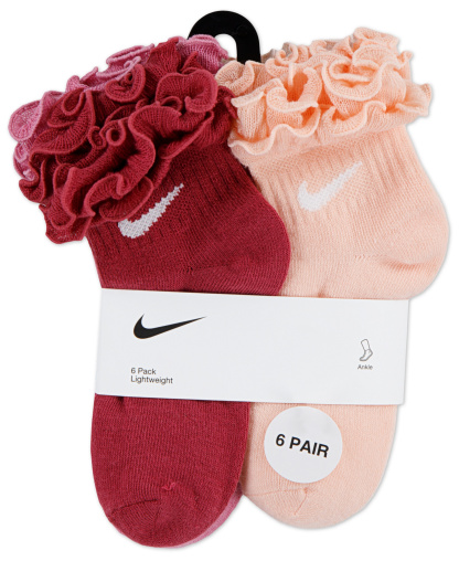Nike Girls' 4-7 Ruffle Detail Ankle Socks, 6-Pack - Red/Pink/White/Beige