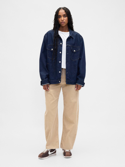 High Rise Khaki Stripe Barrel Jeans - Iconic khaki tan