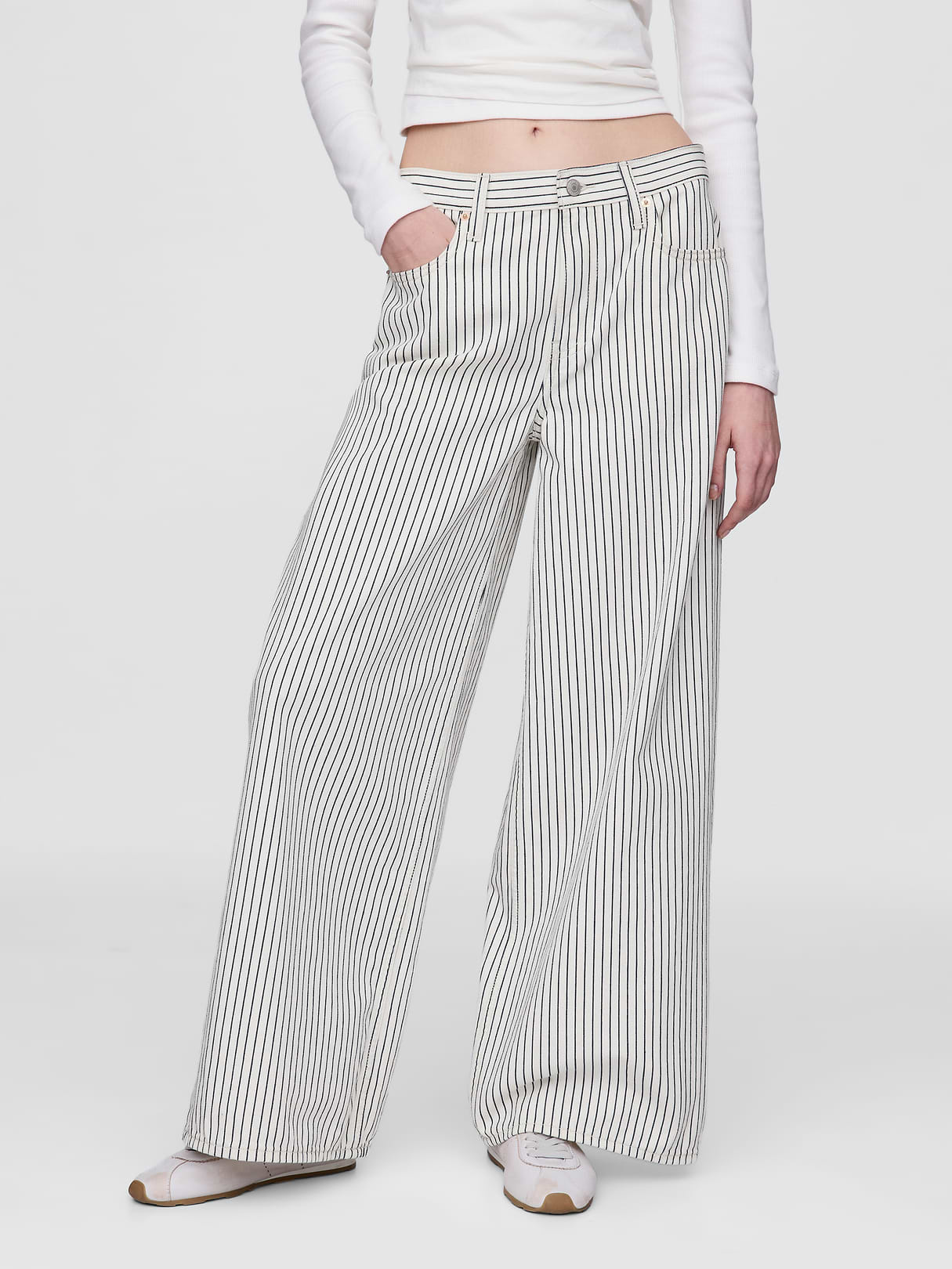 Mid Rise UltraSoft Baggy Jeans - White indigo stripe