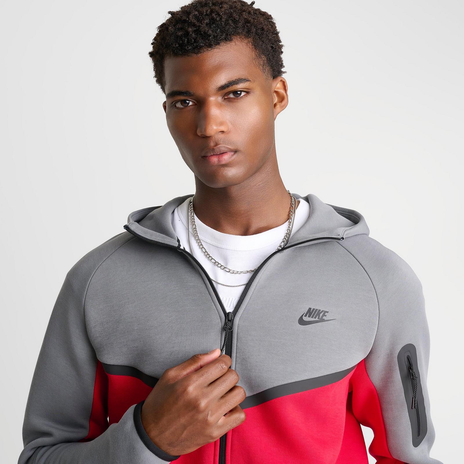 Men's Nike Tech Fleece Windrunner Full-Zip Hoodie - Smoke Grey/Fire Red