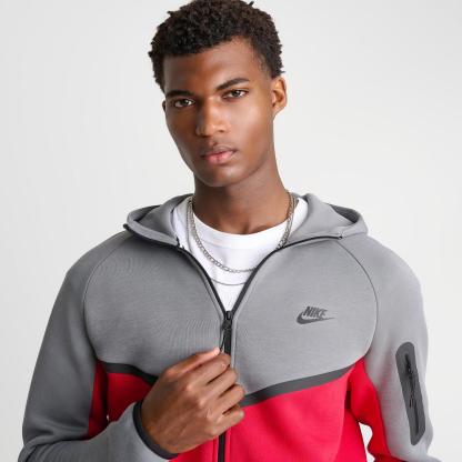 Men's Nike Tech Fleece Windrunner Full-Zip Hoodie - Smoke Grey/Fire Red