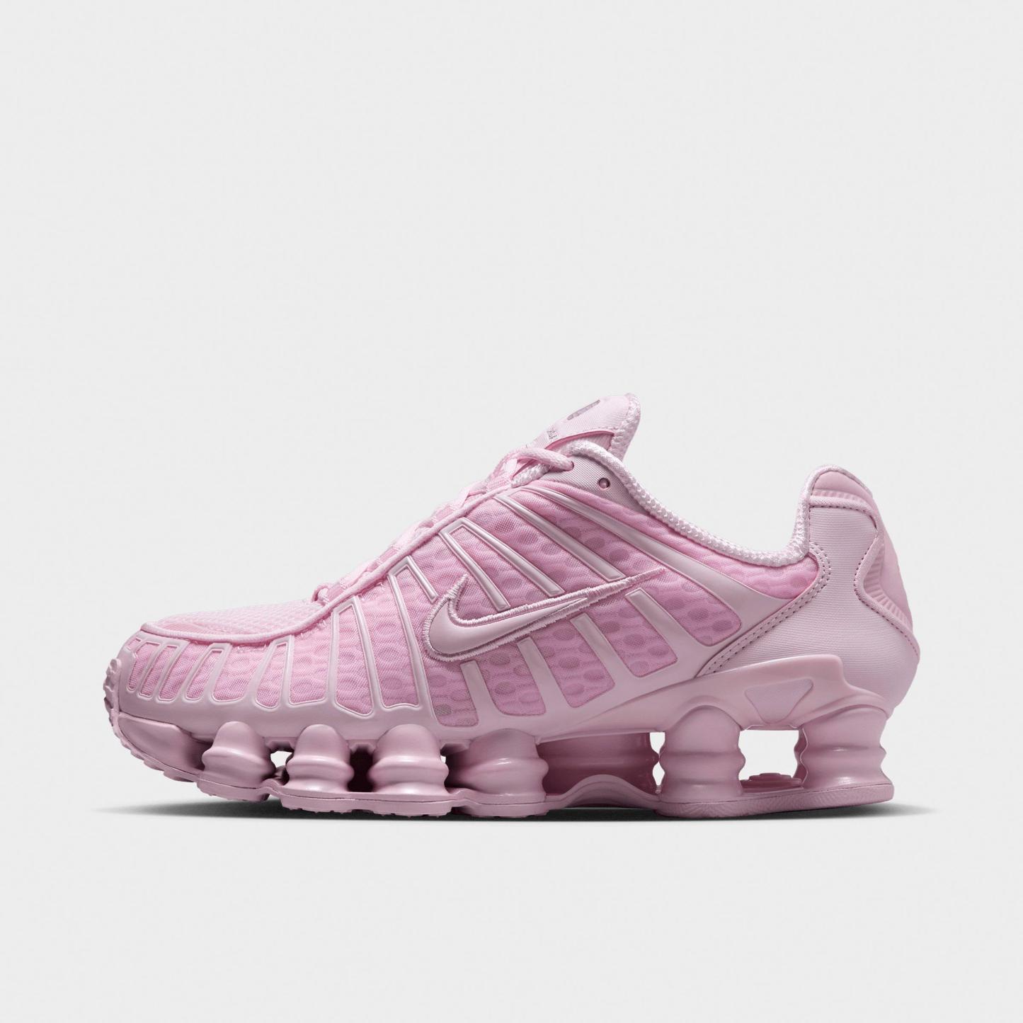 Women's Nithtke Shox TL Casual Shoes - Pink Foam/Metallic Silver/Pink Foam - Left shoe facing left. Outside of the shoe.