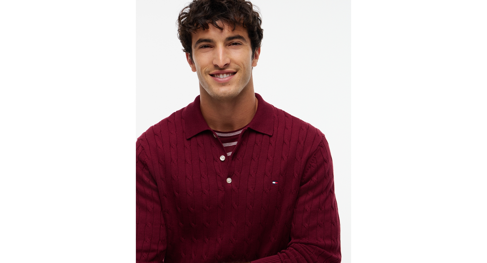 Tommy Hilfiger Men's Classic Cotton Cable-Knit Regular-Fit Sweater Polo - Burgundy