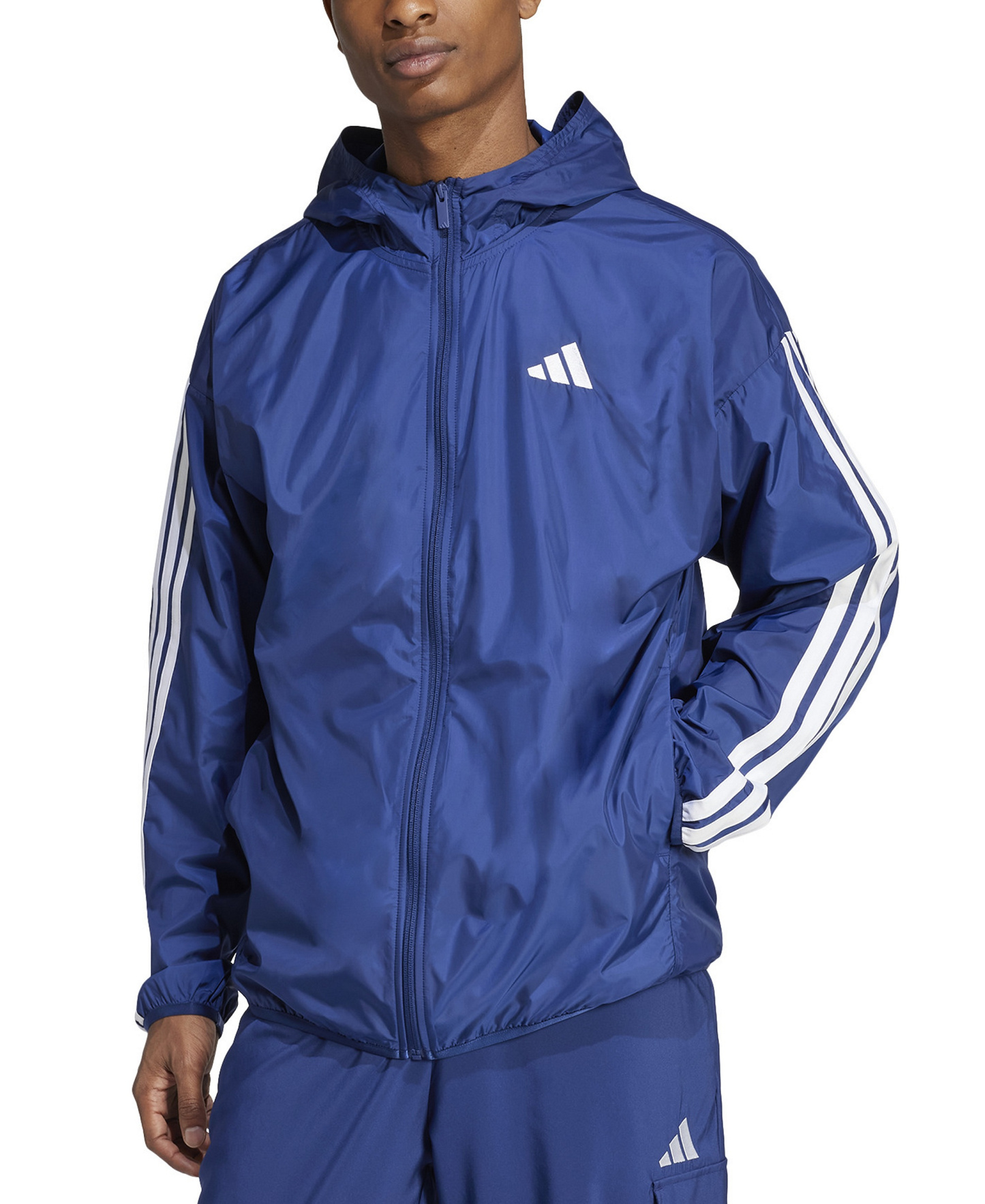 adidas Men's Essential Three-Stripes Woven Windbreaker - Dark Blue / White