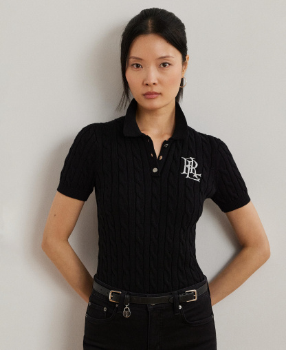 Lauren Ralph Lauren Women's Cable-Knit Sweater Polo - Black