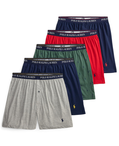 Polo Ralph Lauren Men's Classic Fit Knit Boxers, 5-Pack - Andover Heather/Cruise Navy/Dark Green Aopp/RL2000 Red/Cruise Navy