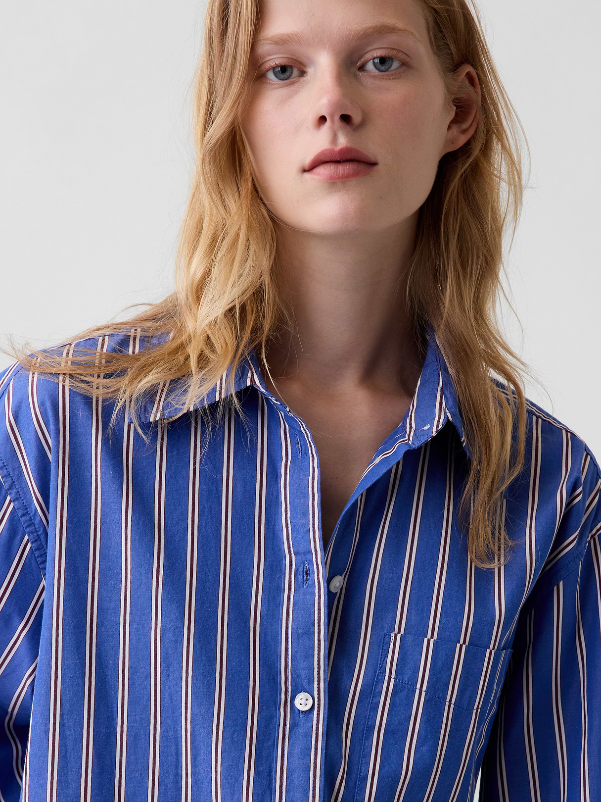 Organic Cotton Poplin Stripe Big Shirt - Blue & red stripe