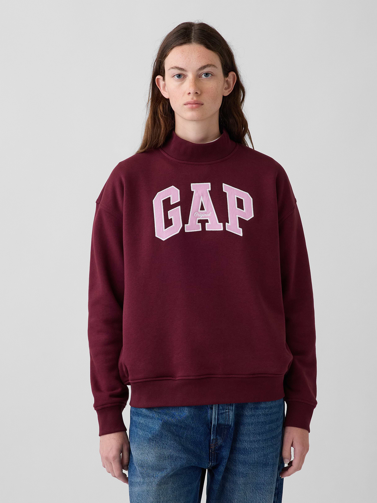VintageSoft Oversized Mockneck Logo Sweatshirt - Purple burgundy