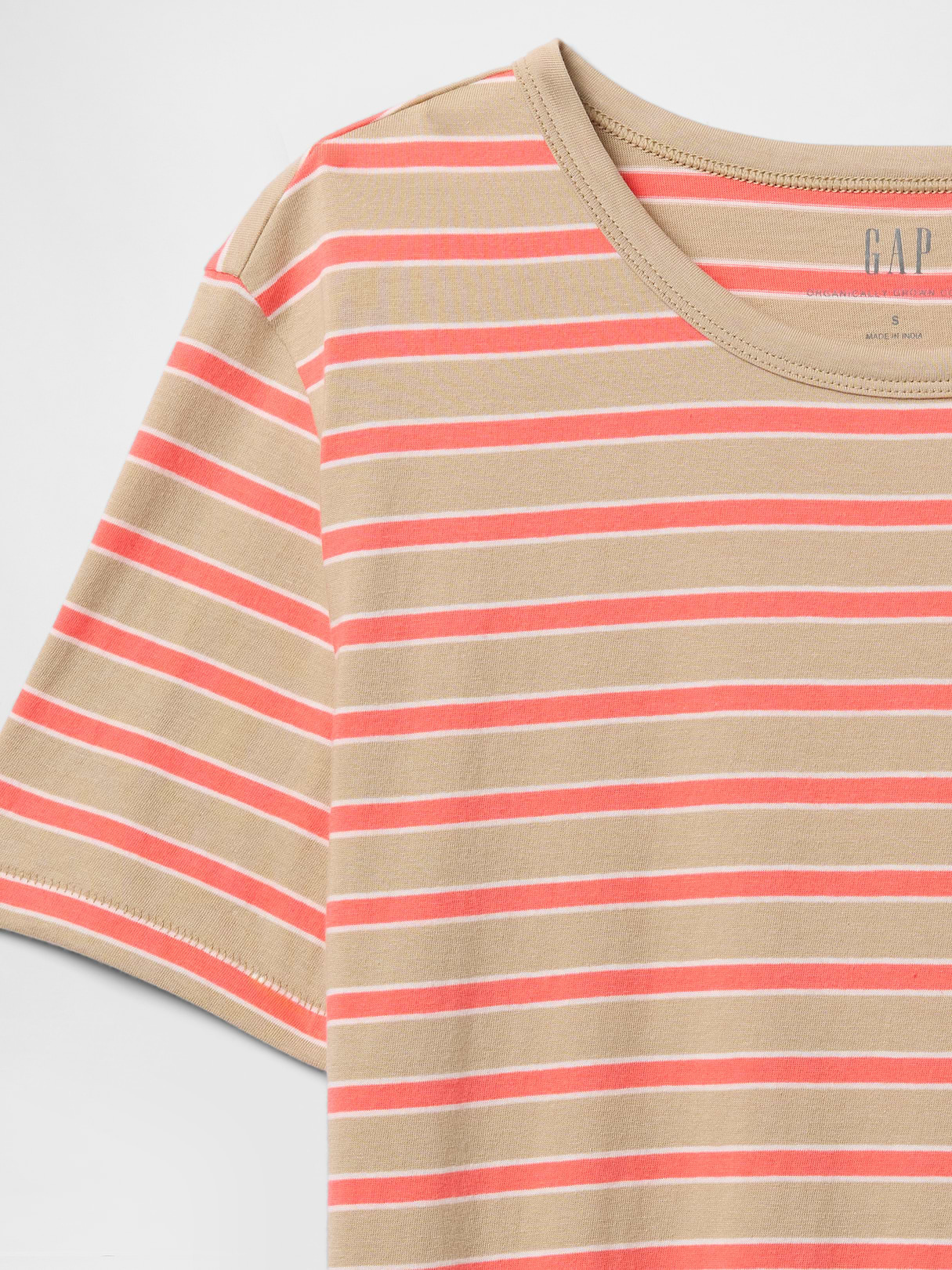 Organic Cotton VintageSoft T-Shirt - Coral pink and khaki tan stripe