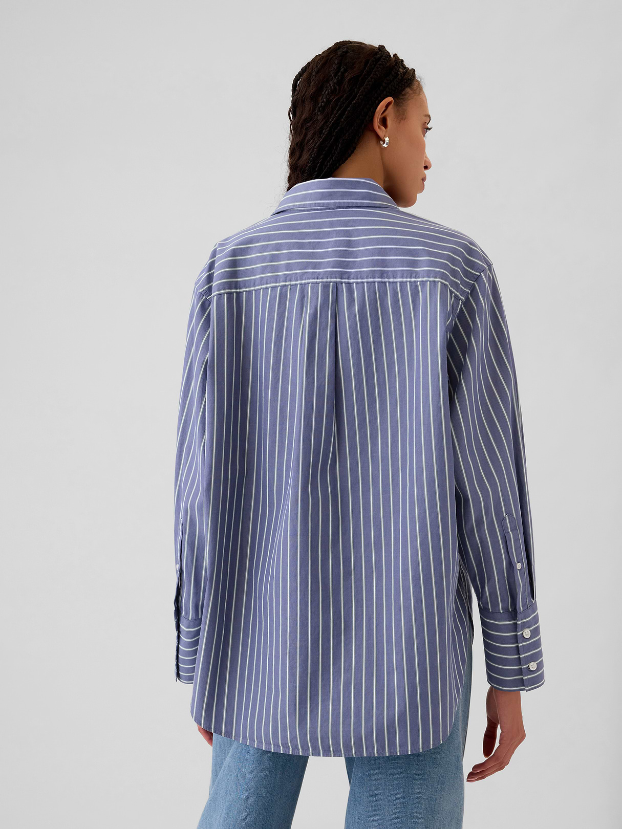 Organic Cotton Poplin Stripe Big Shirt - Blue and green stripe