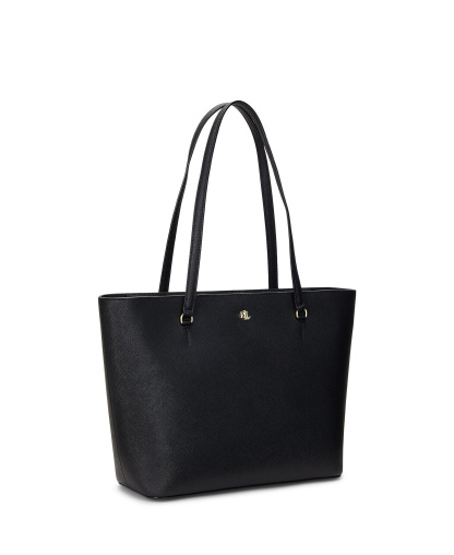 Lauren Ralph Lauren Crosshatch Leather Karly Medium Shopper Tote Handbag - Black