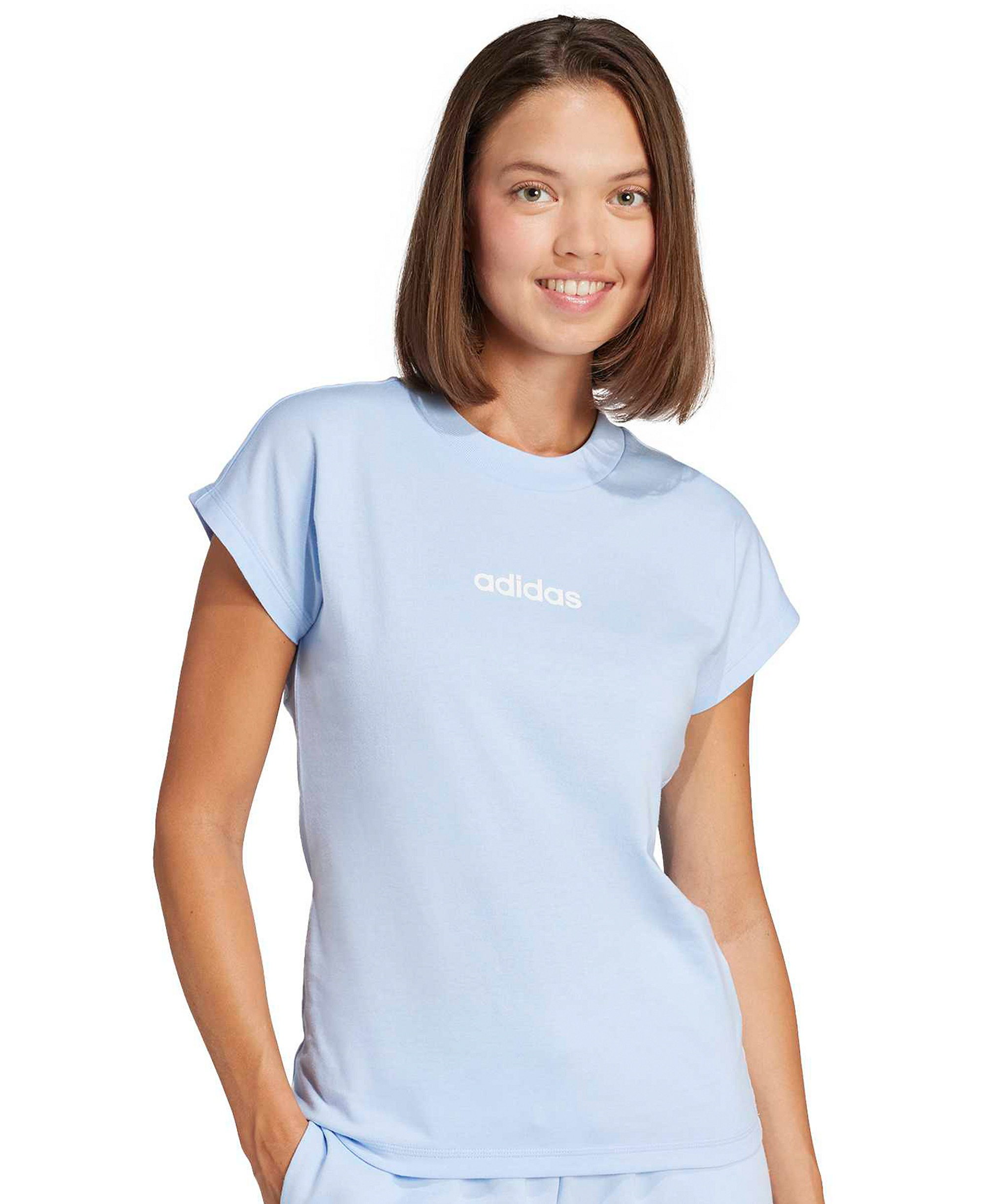 adidas Women's Essentials Linear Cotton T-Shirt - Glow Blue/white